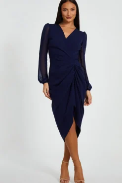 Quiz Christening Guest|Modest>Navy Front Wrap Ruched Midi Dress
