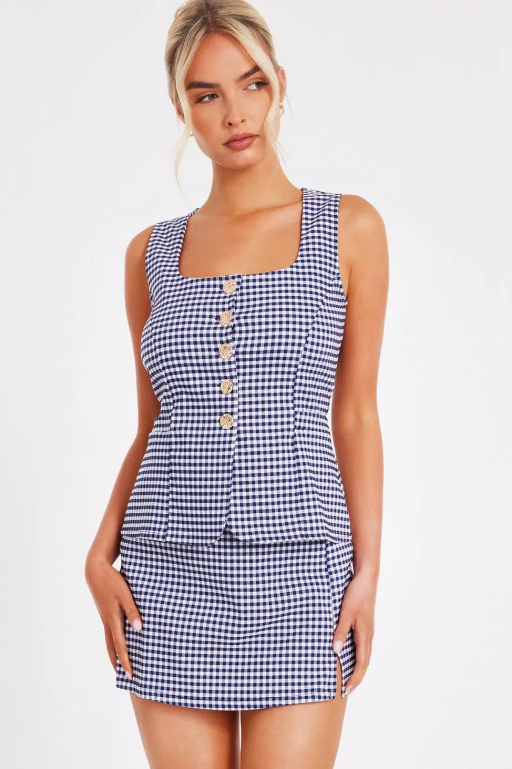Quiz Waistcoat|Summer Tops>Navy Gingham Button Front Waistcoat