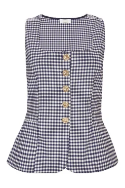 Quiz Waistcoat|Summer Tops>Navy Gingham Button Front Waistcoat