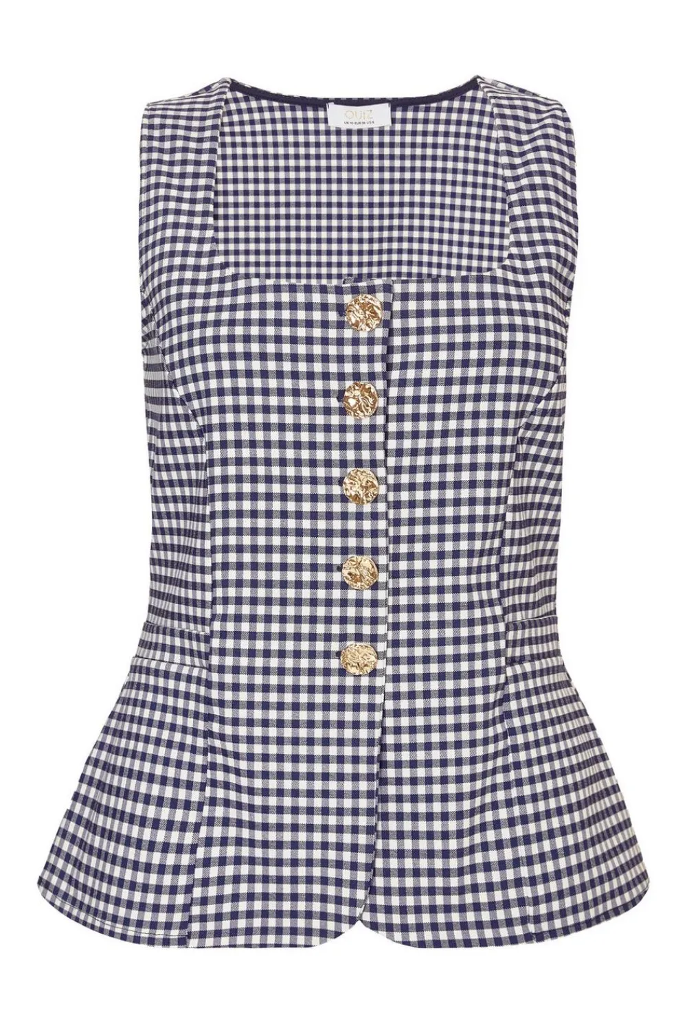 Quiz Waistcoat|Summer Tops>Navy Gingham Button Front Waistcoat