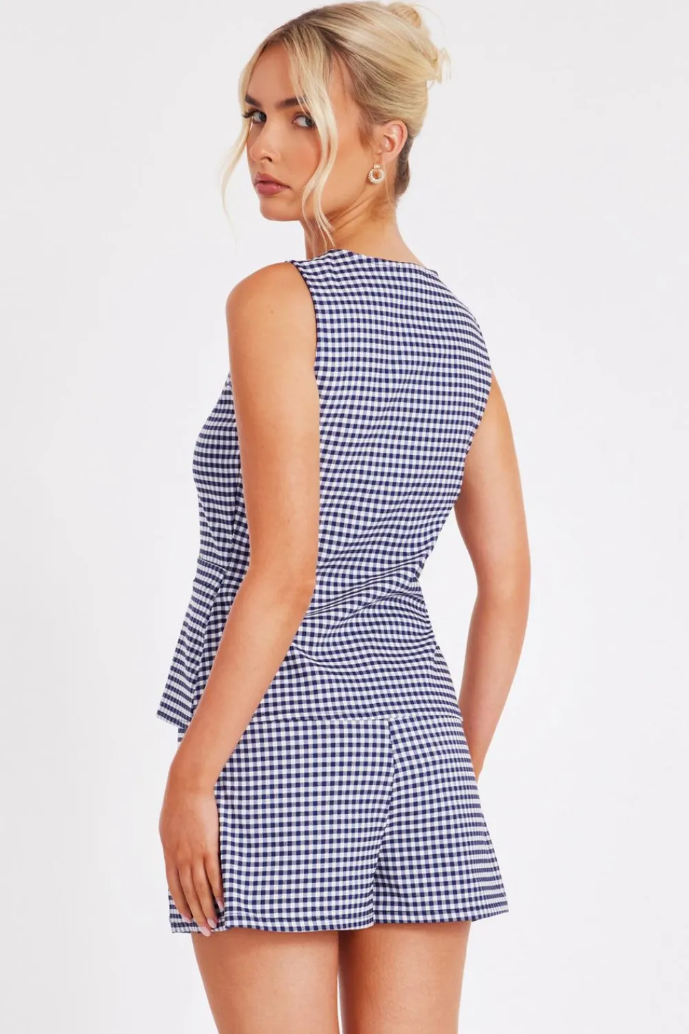 Quiz Waistcoat|Summer Tops>Navy Gingham Button Front Waistcoat
