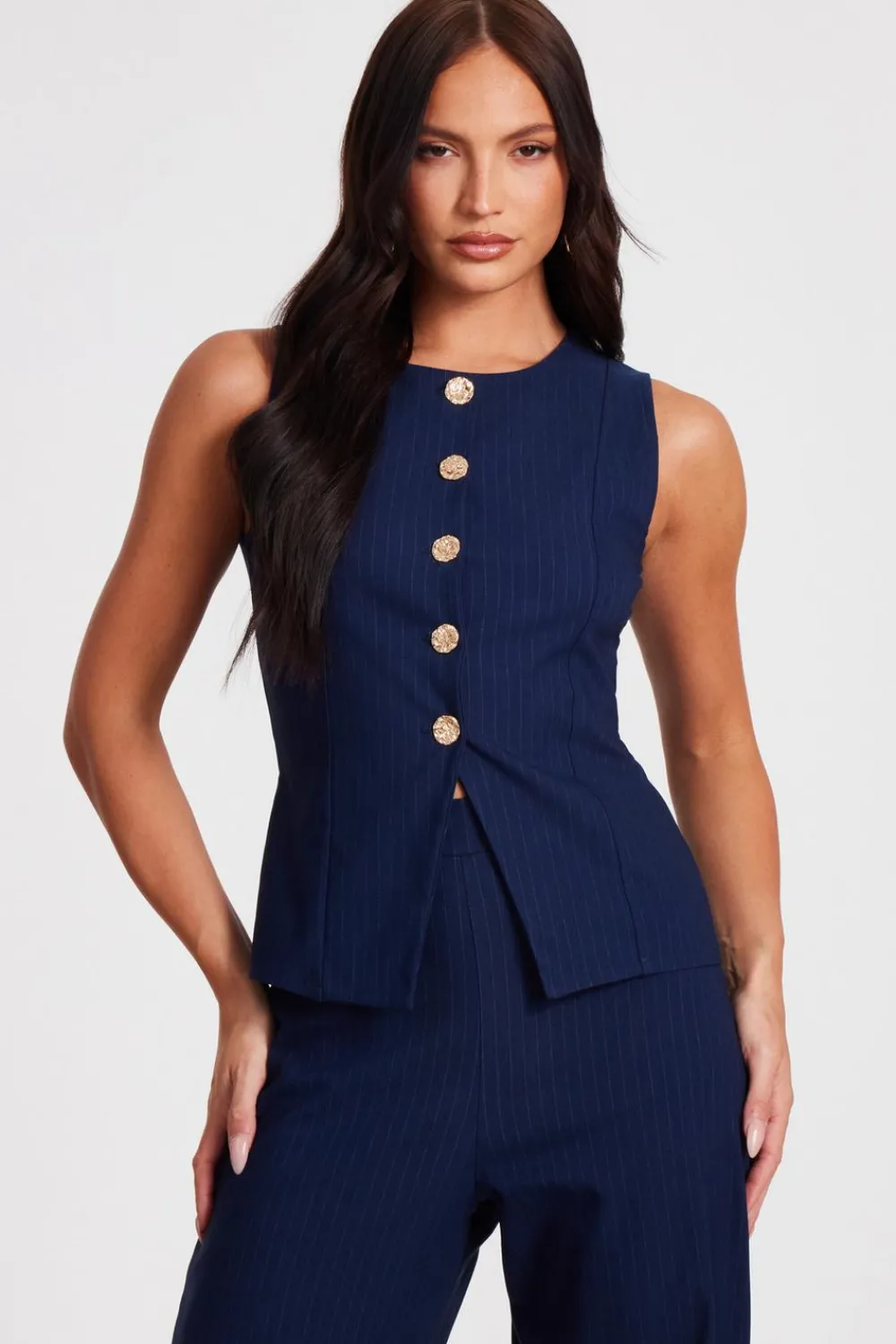 Quiz Waistcoat|Summer Tops>Navy Pinstripe Button Front Waistcoat