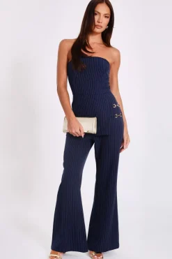 Quiz Going Out Jumpsuits|Workwear>Navy Pinstripe Strapless Jumpsuit