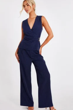 Quiz Workwear|Trousers>Navy Pinstripe Wide Leg Trousers