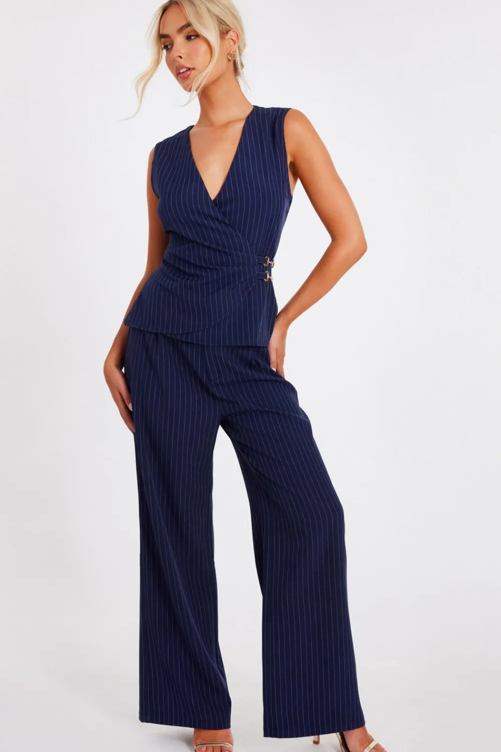 Quiz Workwear|Trousers>Navy Pinstripe Wide Leg Trousers