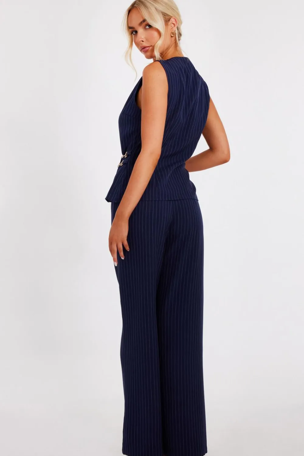 Quiz Workwear|Trousers>Navy Pinstripe Wide Leg Trousers