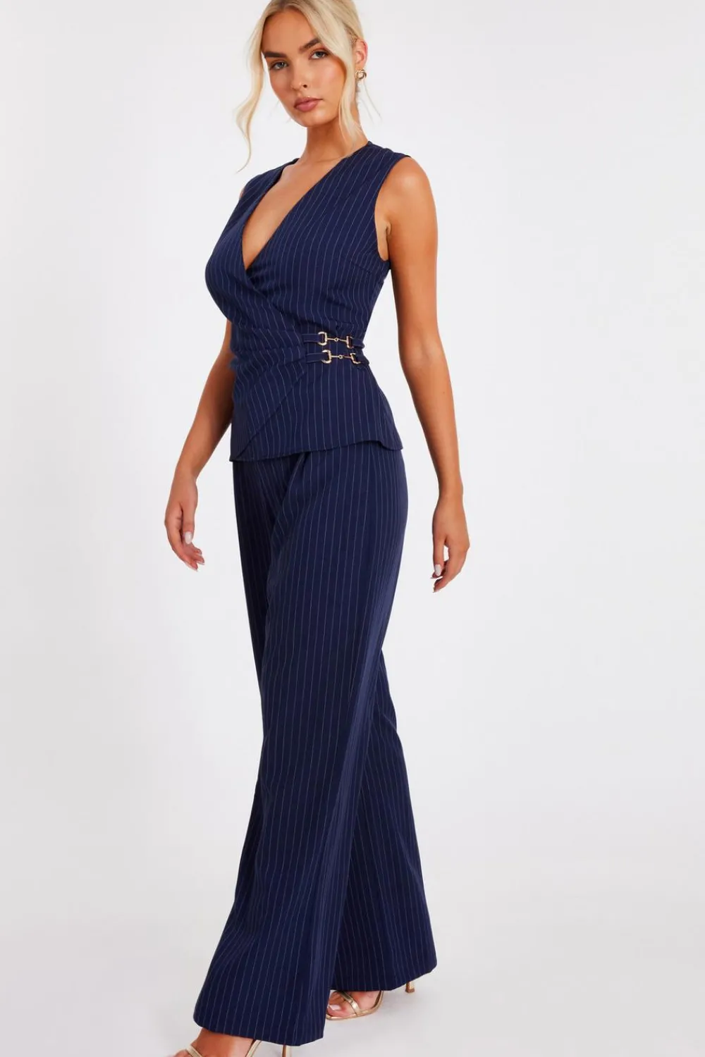 Quiz Workwear|Trousers>Navy Pinstripe Wide Leg Trousers