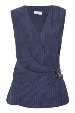 Quiz Waistcoat|Going Out Tops>Navy Pinstripe Wrap Waistcoat