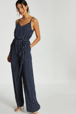 Quiz Summer Clothes|Casual Clothing>Navy Polka Dot Palazzo Jumpsuit