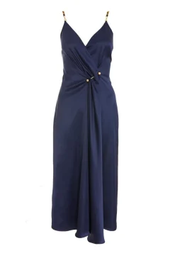 Quiz Evening Dresses|Christening Guest>Navy Satin Buckle Front Midi Dress