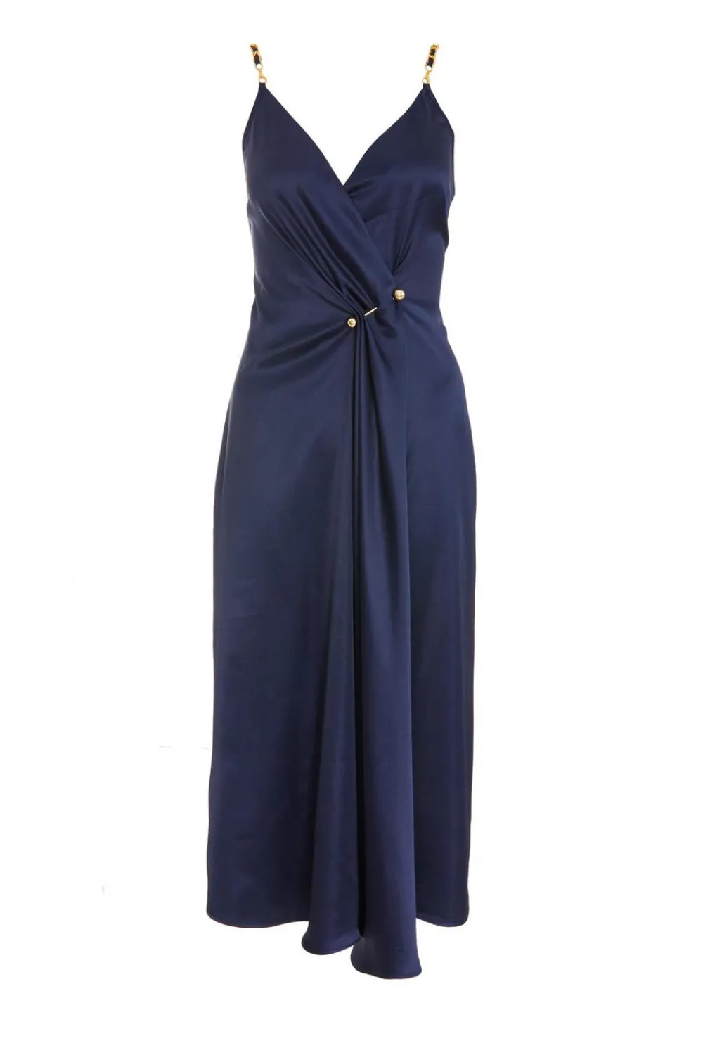 Quiz Evening Dresses|Christening Guest>Navy Satin Buckle Front Midi Dress