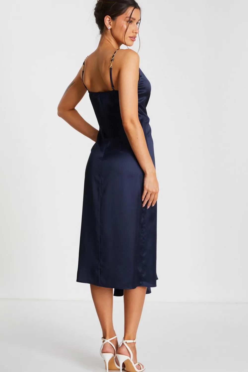 Quiz Evening Dresses|Christening Guest>Navy Satin Buckle Front Midi Dress
