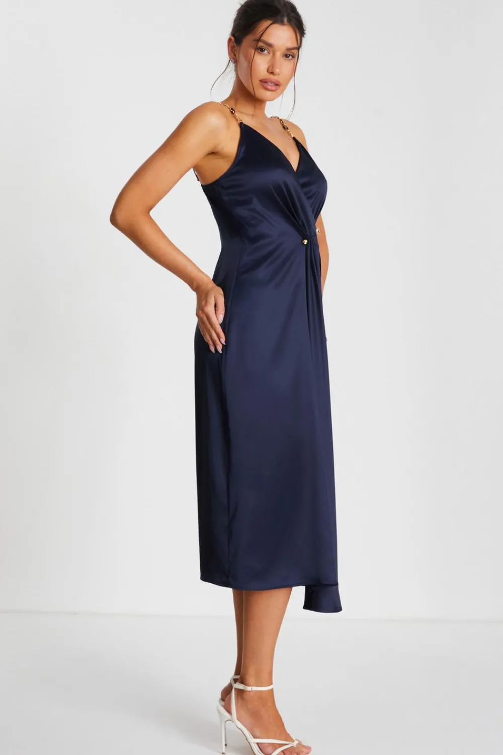 Quiz Evening Dresses|Christening Guest>Navy Satin Buckle Front Midi Dress