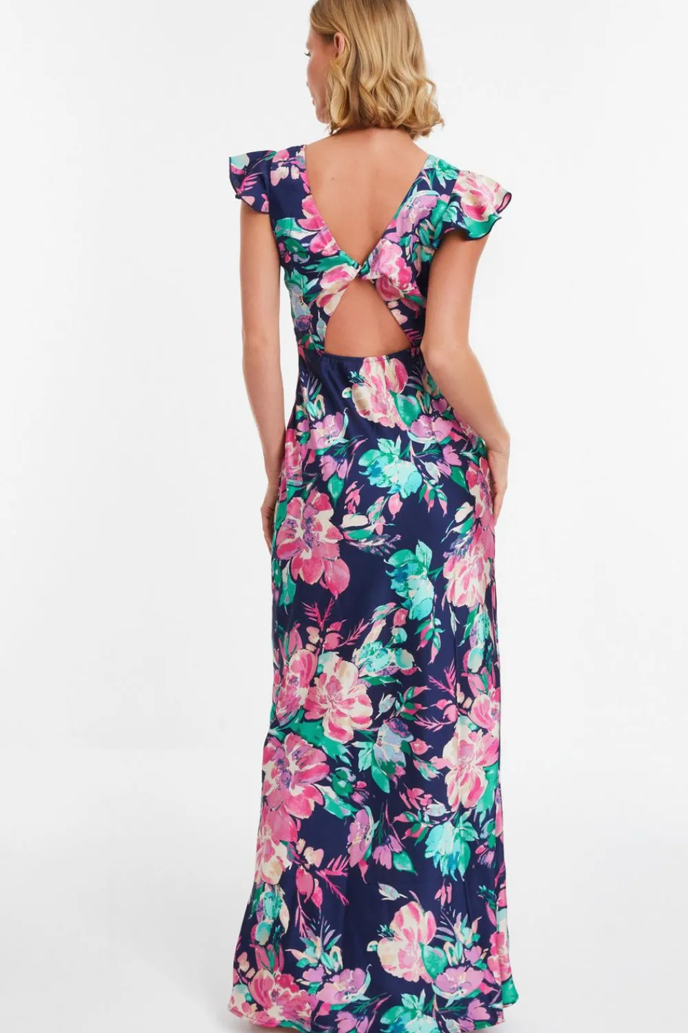 Quiz Florals|Wedding Guest Dresses>Navy Satin Floral Maxi Dress
