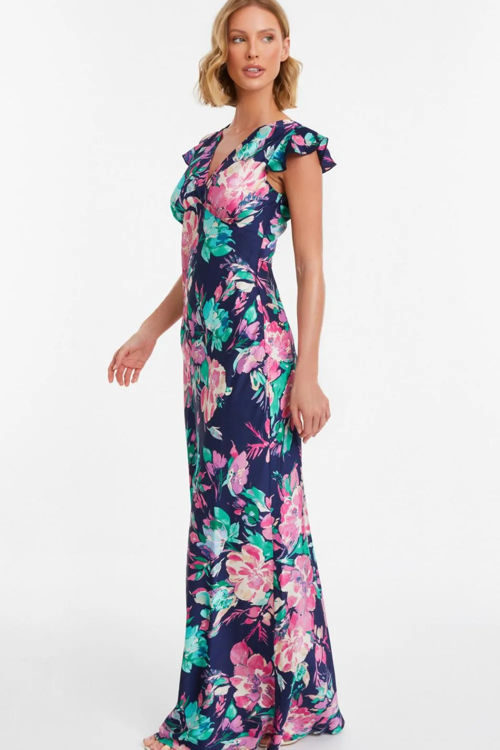 Quiz Florals|Wedding Guest Dresses>Navy Satin Floral Maxi Dress