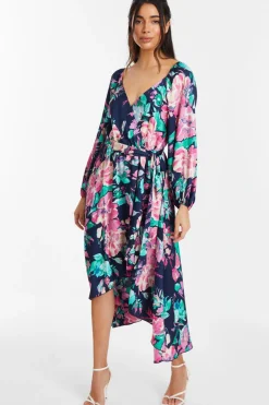 Quiz Wrap Dresses|Wedding Guest Dresses>Navy Satin Floral Wrap Dip Hem Midi Dress