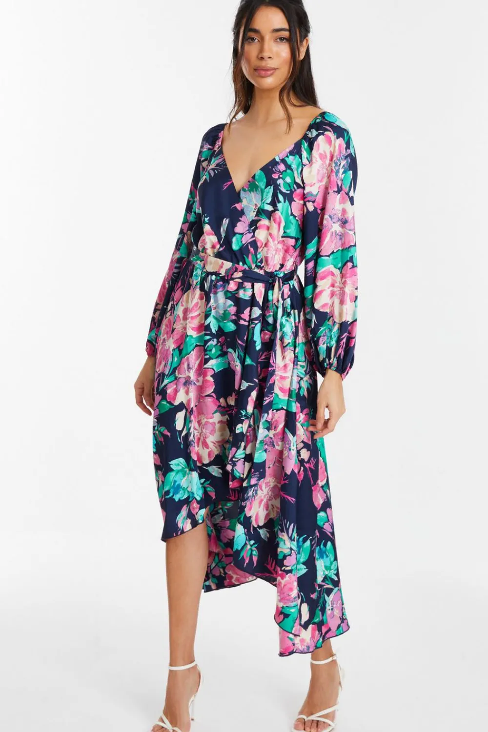 Quiz Wrap Dresses|Wedding Guest Dresses>Navy Satin Floral Wrap Dip Hem Midi Dress
