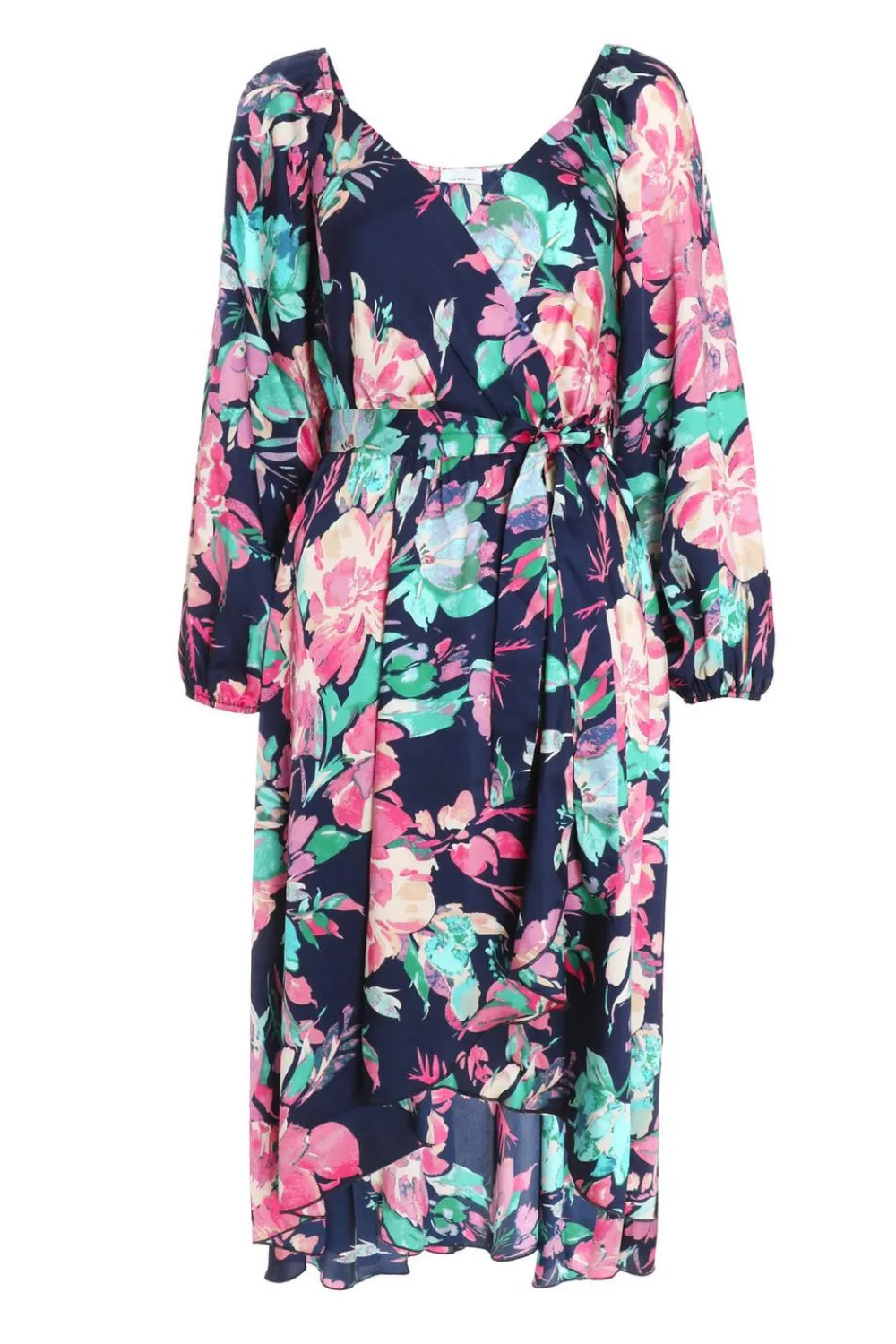 Quiz Wrap Dresses|Wedding Guest Dresses>Navy Satin Floral Wrap Dip Hem Midi Dress