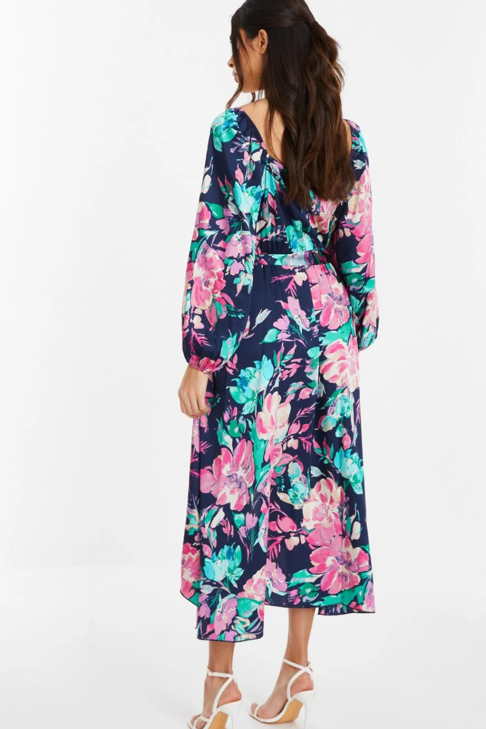 Quiz Wrap Dresses|Wedding Guest Dresses>Navy Satin Floral Wrap Dip Hem Midi Dress