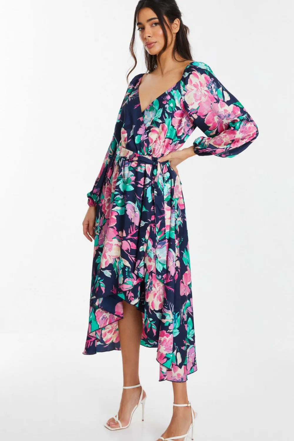 Quiz Wrap Dresses|Wedding Guest Dresses>Navy Satin Floral Wrap Dip Hem Midi Dress