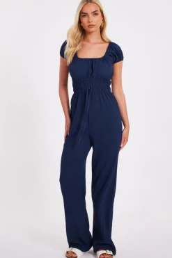 Quiz Summer Jumpsuits|Summer Clothes>Navy Textured Puff Sleeve Jumpsuit
