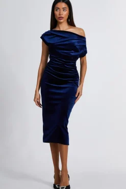 Quiz Evening Dresses|Occasion Dresses>Navy Velvet One Shoulder Midaxi Dress