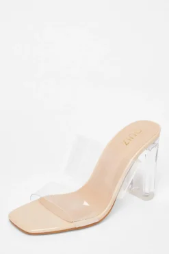 Quiz Heels>Nude Clear Strap Mule Heels