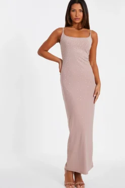 Quiz Evening Dresses|Prom Dresses>Nude Rhinestone Square Neck Maxi Dress