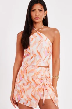 Quiz Summer Tops|Day Tops>Orange Abstract Halter Neck Top