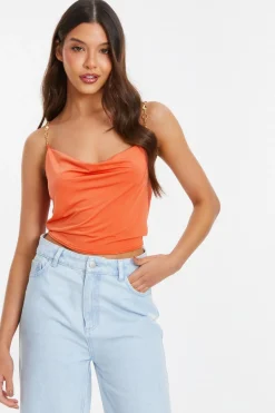 Quiz Going Out Tops|Crop Tops>Orange Cowl Neck Chain Crop Top
