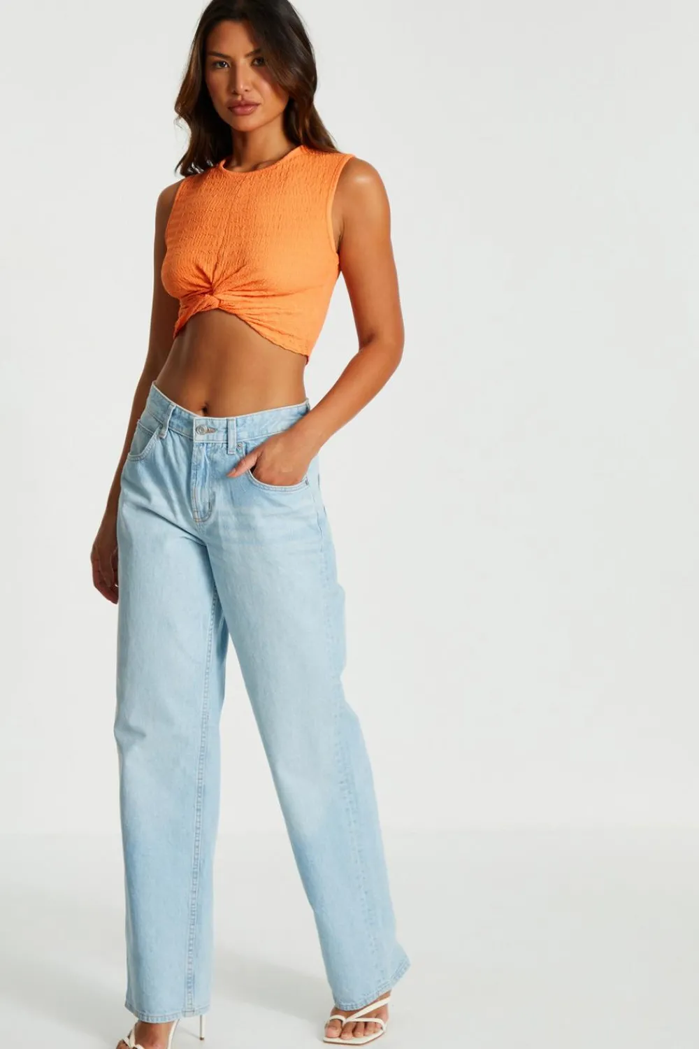 Quiz Summer Tops|Day Tops>Orange Knot Front Crop Top