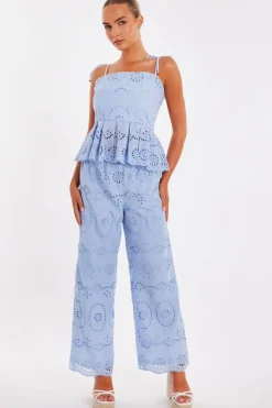 Quiz Summer Tops|Day Tops>Pale Blue Embroidered Peplum Top