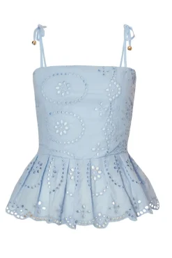 Quiz Summer Tops|Day Tops>Pale Blue Embroidered Peplum Top