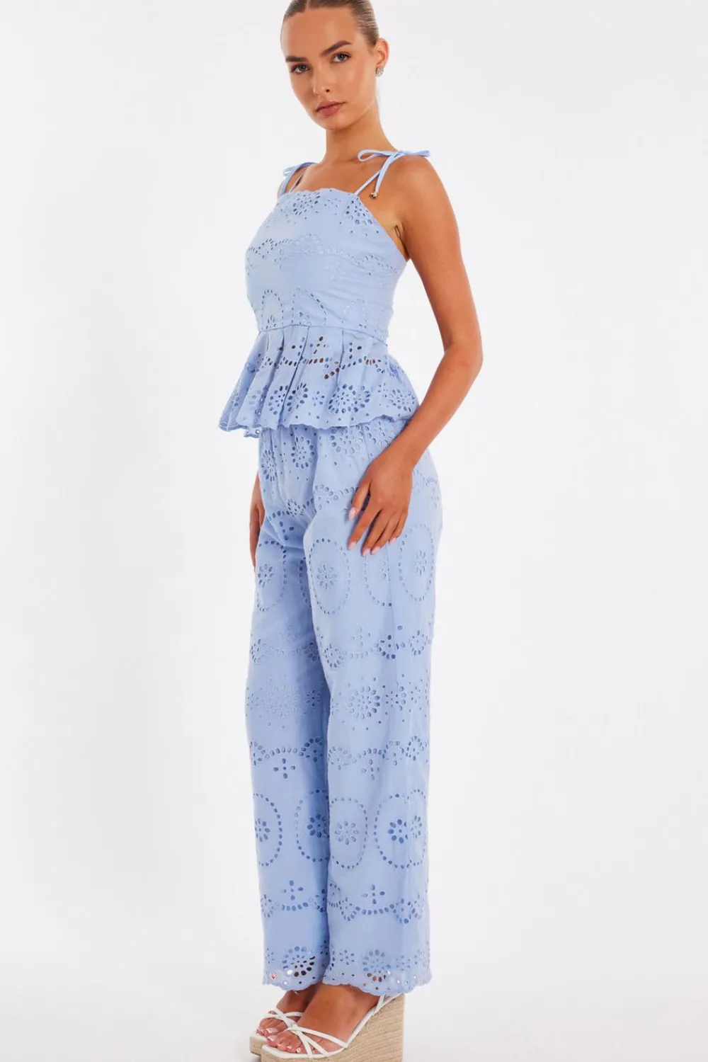 Quiz Trousers|Summer Clothes>Pale Blue Embroidered Trousers