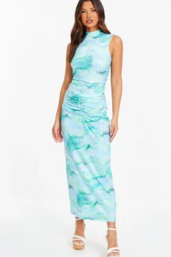 Quiz Skirts|Holiday>Pale Blue Marble Print Ruched Midi Skirt