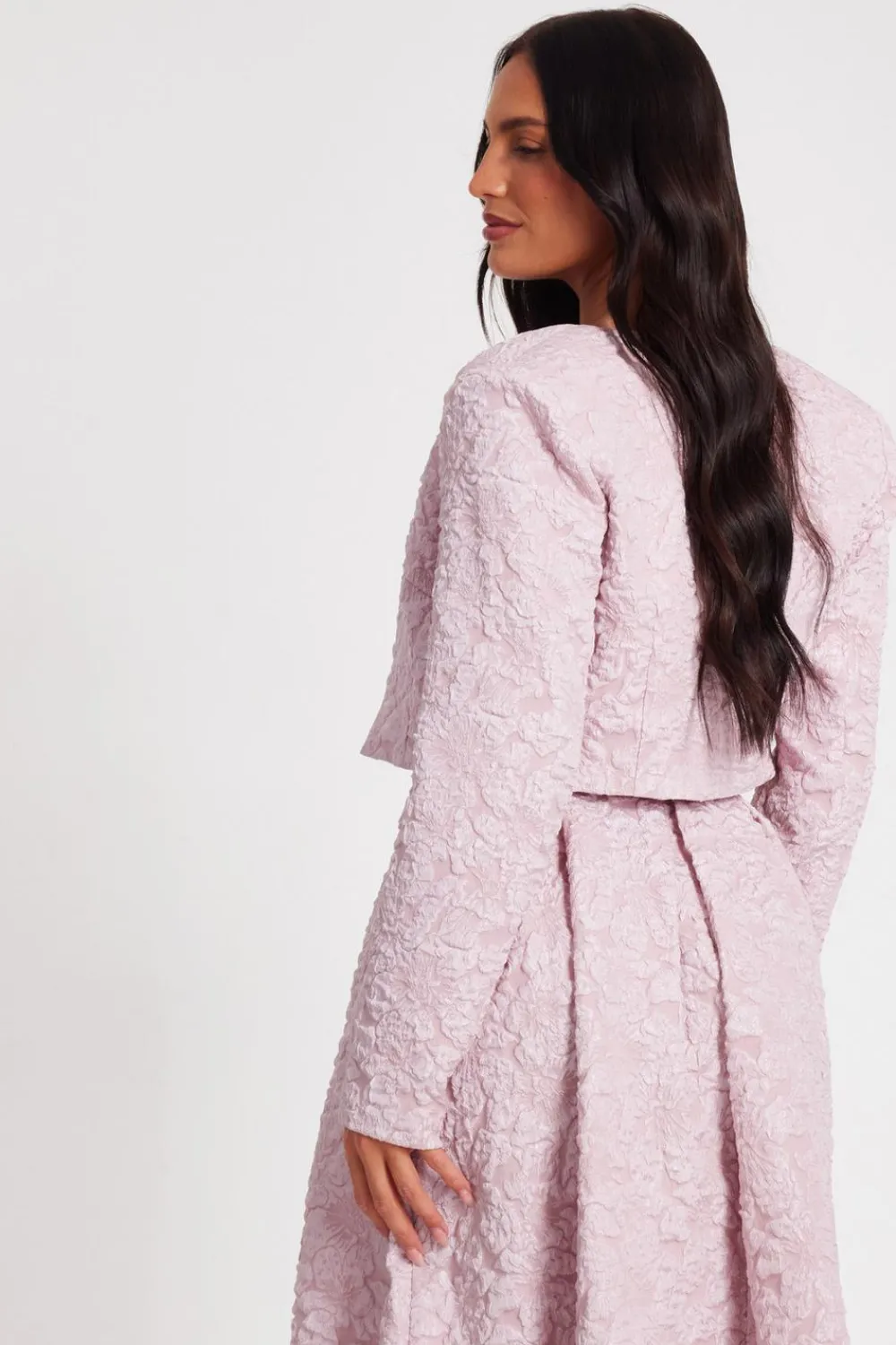Quiz Christening Guest>Pale Pink Jacquard Crop Jacket