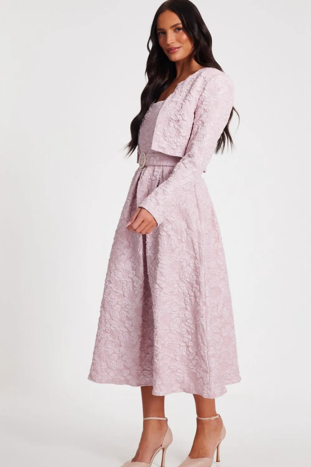 Quiz Christening Guest>Pale Pink Jacquard Crop Jacket