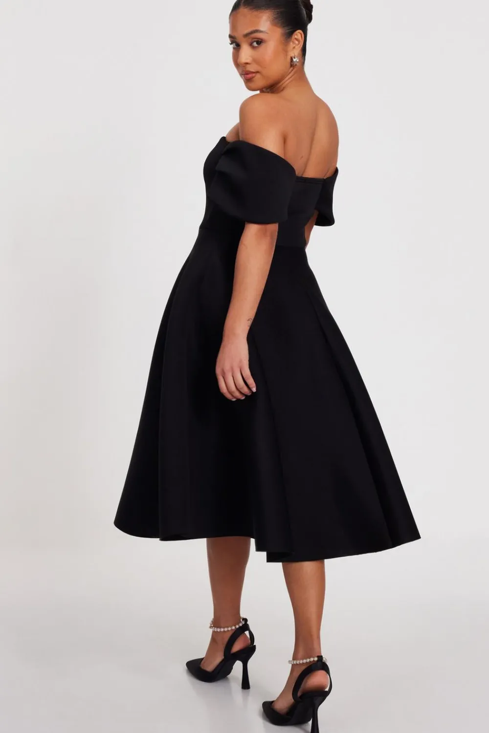 Quiz Evening Dresses|Wedding Guest Dresses>Petite Black Bardot Midi Skater Dress