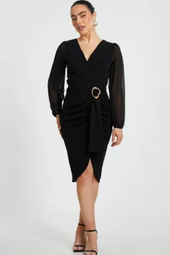Quiz Christening Guest|Modest>Petite Black Buckle Midi Dress