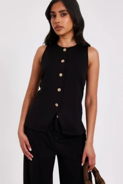 Quiz Waistcoat|Going Out Tops>Petite Black Button Front Waistcoat