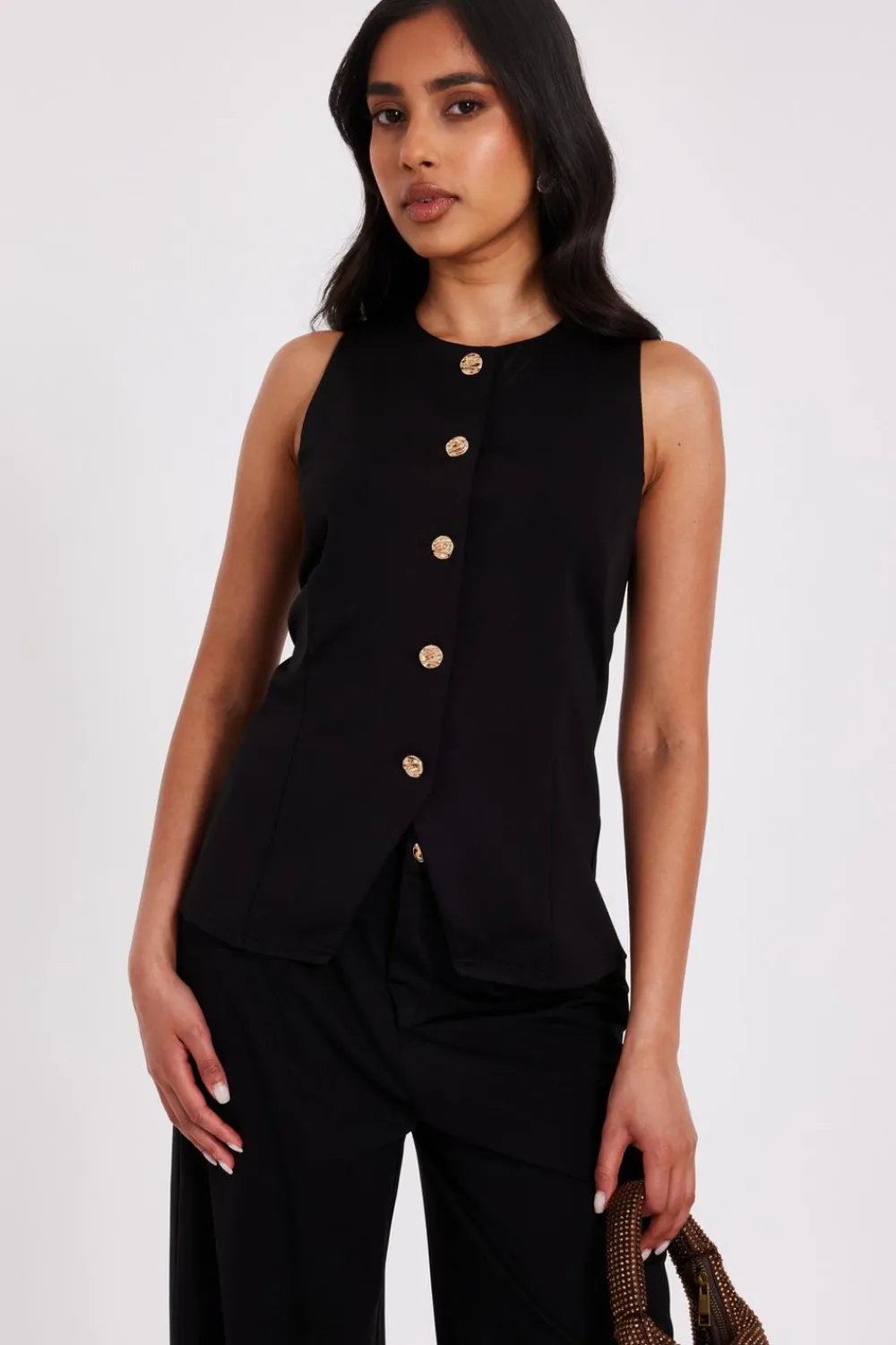 Quiz Waistcoat|Going Out Tops>Petite Black Button Front Waistcoat