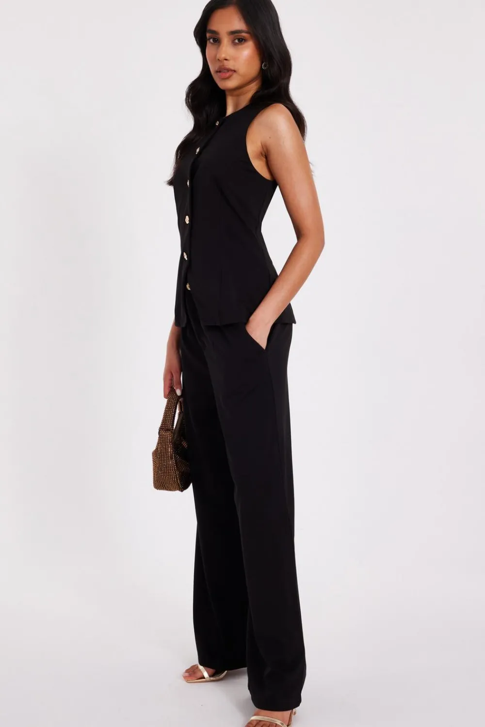 Quiz Waistcoat|Going Out Tops>Petite Black Button Front Waistcoat