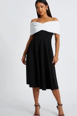 Quiz Christening Guest|Petite Dresses>Petite Black Contrast Bardot Midi Dress