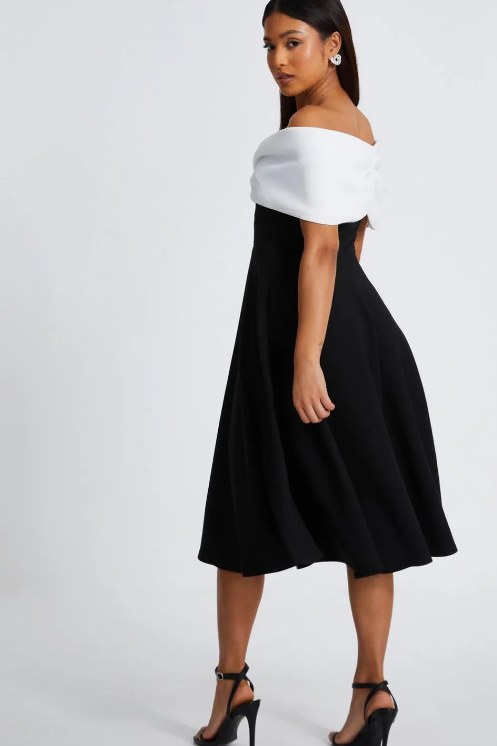 Quiz Christening Guest|Petite Dresses>Petite Black Contrast Bardot Midi Dress