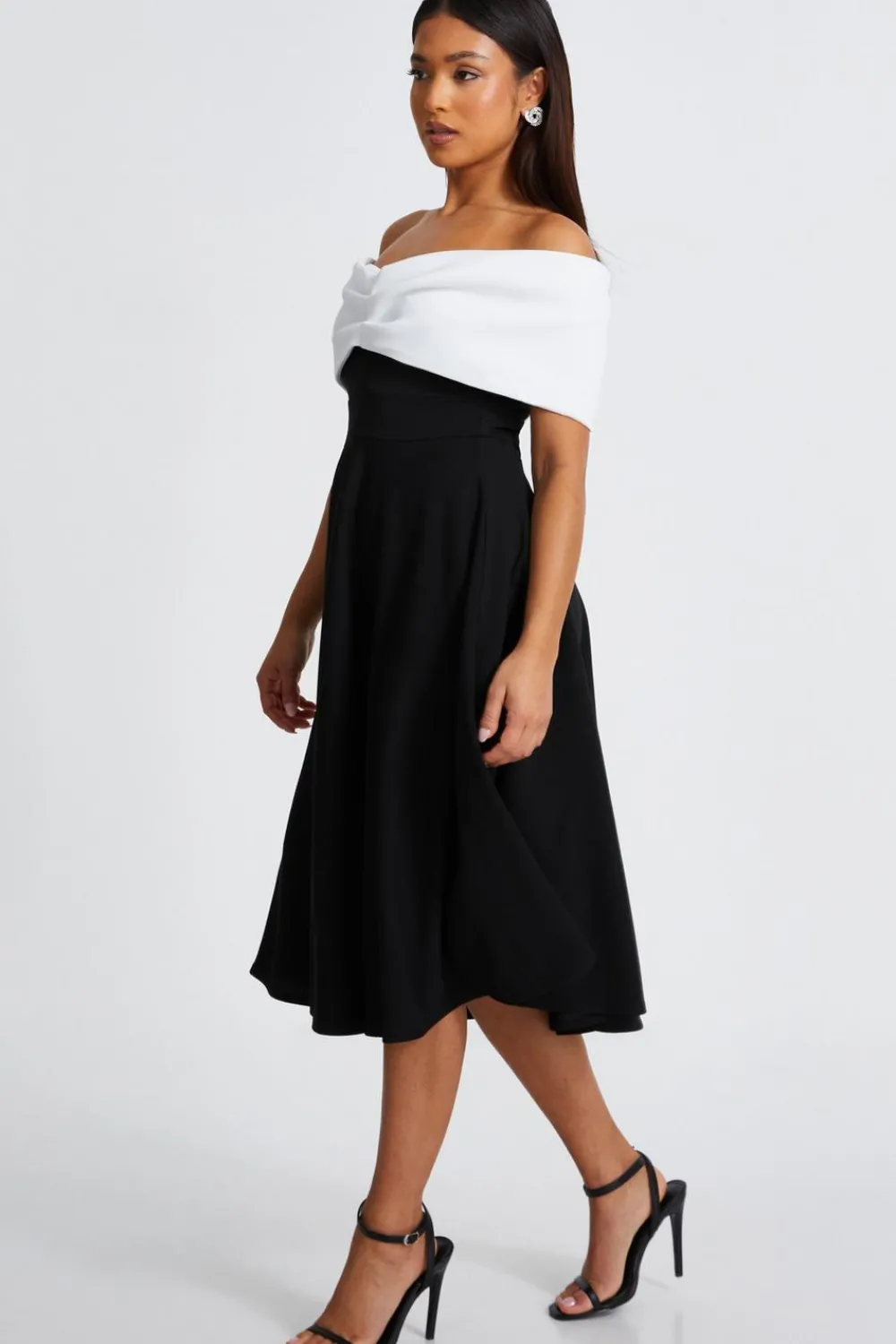 Quiz Christening Guest|Petite Dresses>Petite Black Contrast Bardot Midi Dress