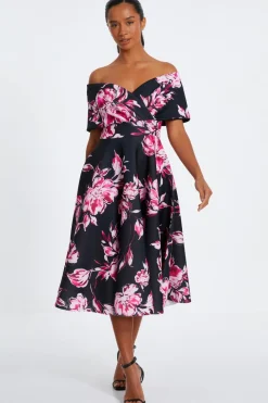 Quiz Christening Guest|Wedding Guest Dresses>Petite Black Floral Bardot Skater Midi Dress