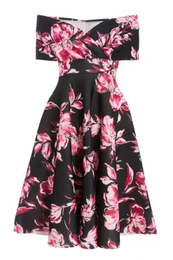 Quiz Christening Guest|Wedding Guest Dresses>Petite Black Floral Bardot Skater Midi Dress