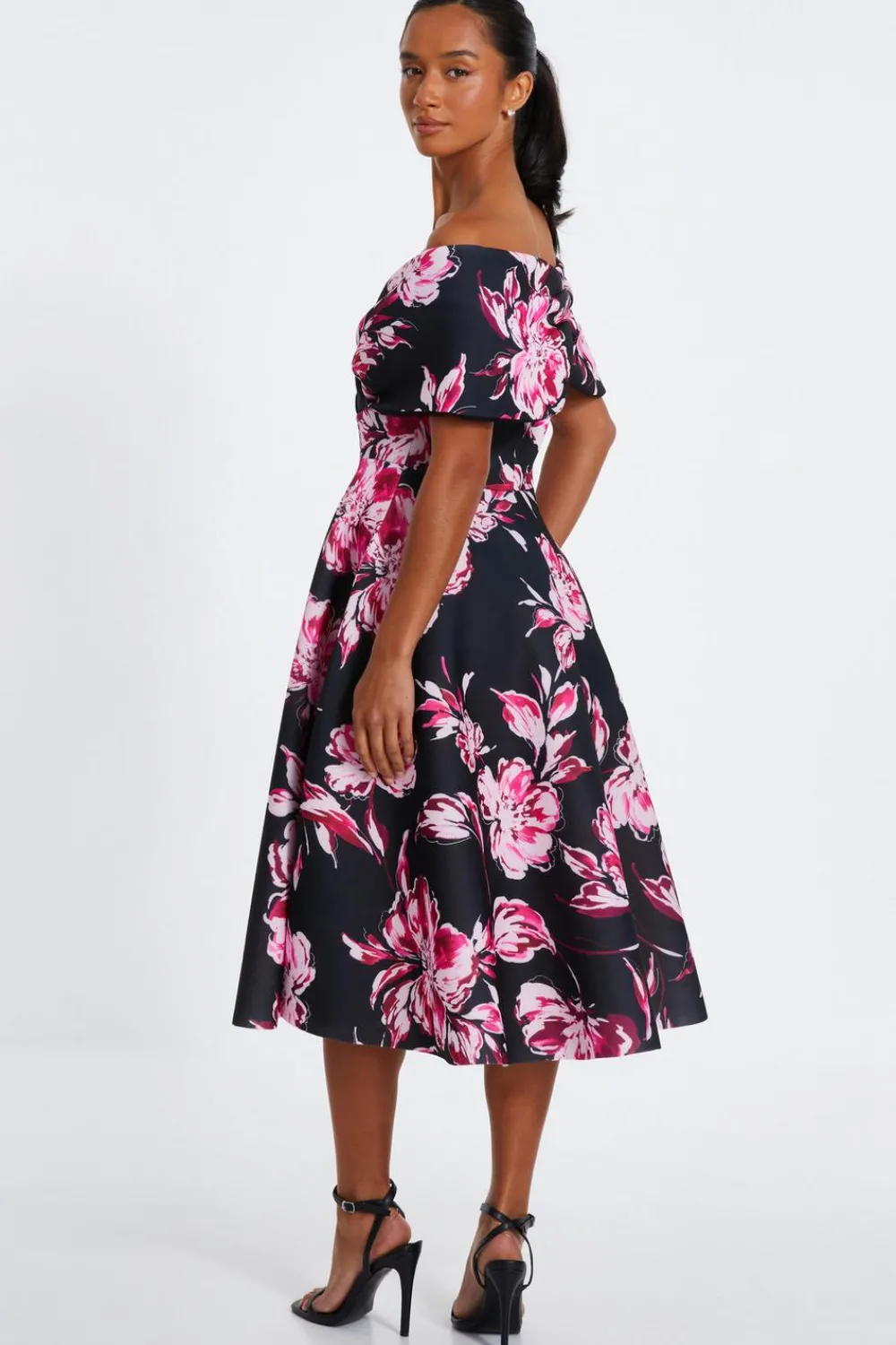 Quiz Christening Guest|Wedding Guest Dresses>Petite Black Floral Bardot Skater Midi Dress