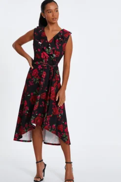 Quiz Red Dresses|Midi Dresses>Petite Black Floral Dip Hem Midi Dress