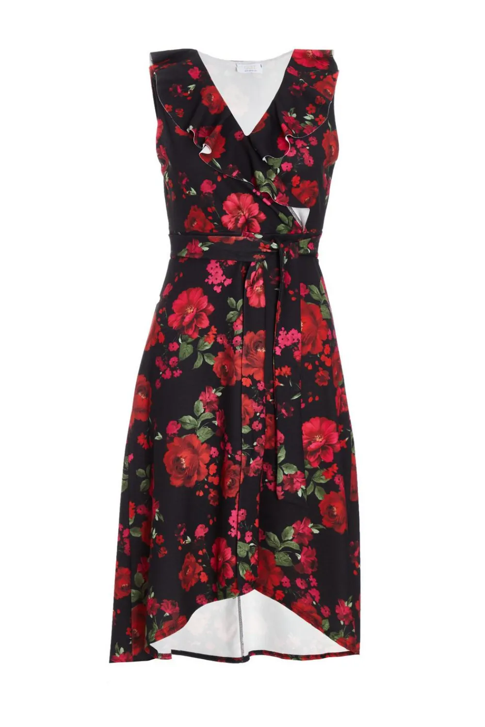 Quiz Red Dresses|Midi Dresses>Petite Black Floral Dip Hem Midi Dress
